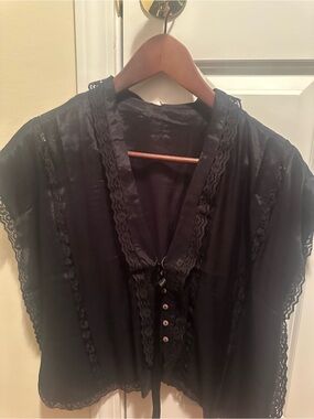 Free People Black Lace-Trimmed Satin Blouse